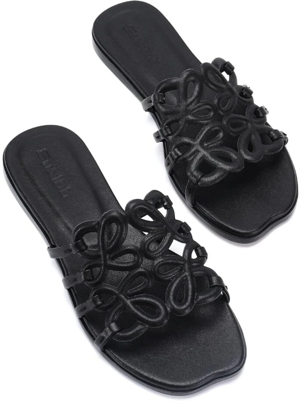 Women's Black Rubber Ankle Strap Open Toe Flats Slip On Comfortable Shoes